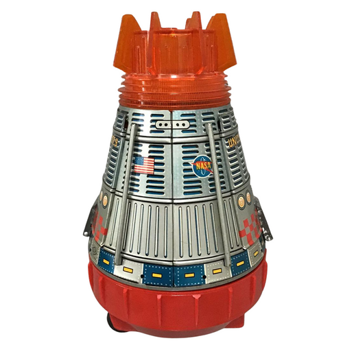 Vintage 1960s Tin Space Capsule by Horikawa Japan – NASA Toy Rocket with USA Flag