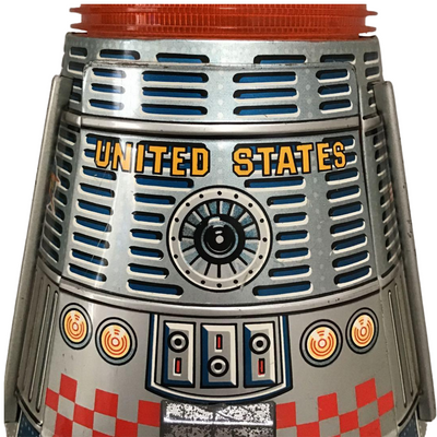Vintage 1960s Tin Space Capsule by Horikawa Japan – NASA Toy Rocket with USA Flag