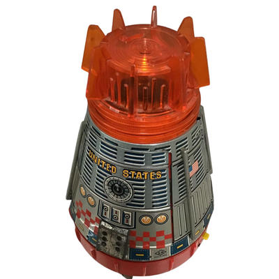 Vintage 1960s Tin Space Capsule by Horikawa Japan – NASA Toy Rocket with USA Flag